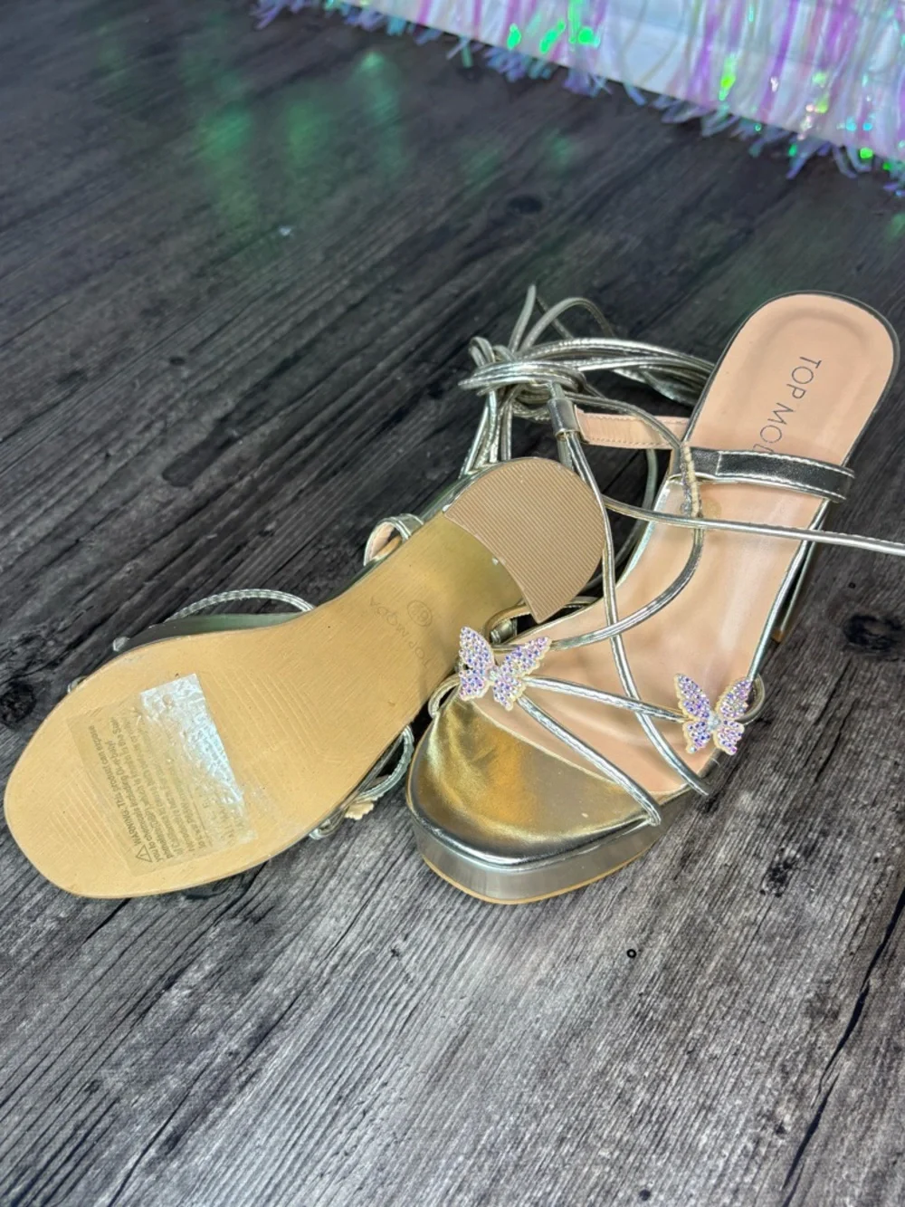 Iridescent Butterfly Gold Platform Lace-Up Heels Sz 6.5 Chunky Heel TOP Moda